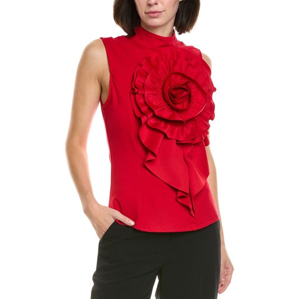 Gracia Womens Ruffle Flower Detail Tank, Red